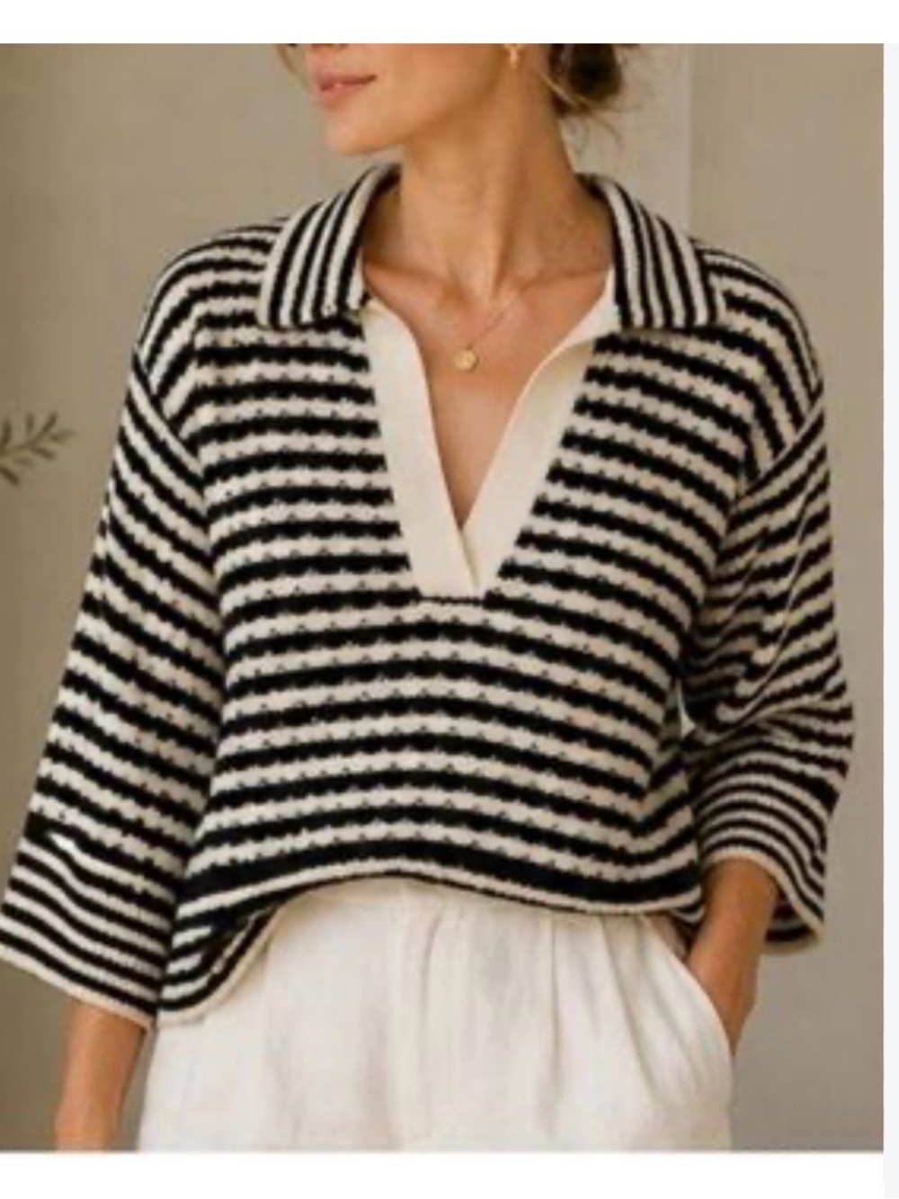 ANN TAYLOR Knit Sweater Top Striped Collared Pullover XL Black White V Neck Prep